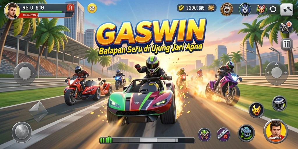 Screenshot gameplay GASWIN menampilkan balapan yang mendebarkan dan grafis menawan.