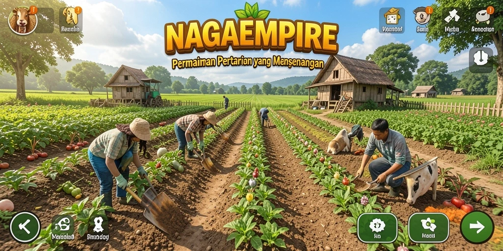 Tampilan screenshot gameplay NAGAEMPIRE yang menampilkan pertanian yang aktif.