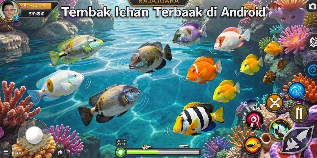 Screenshot utama gameplay RAJAJUARA menampilkan aksi menembak ikan yang seru.