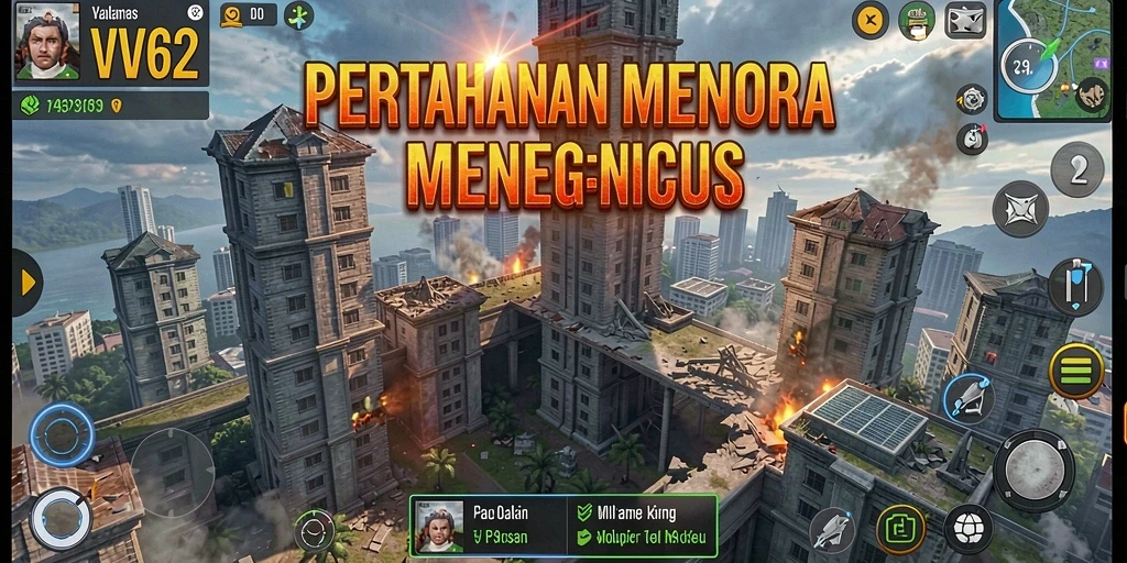 Tampilan gameplay VV62 dengan menara pertahanan yang strategis.